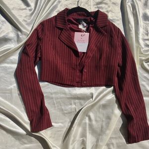 blue blush crop blazer pinstripe